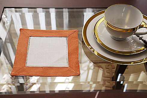 White Hemstitch Cocktail Napkin 6" with Peach Caramel border